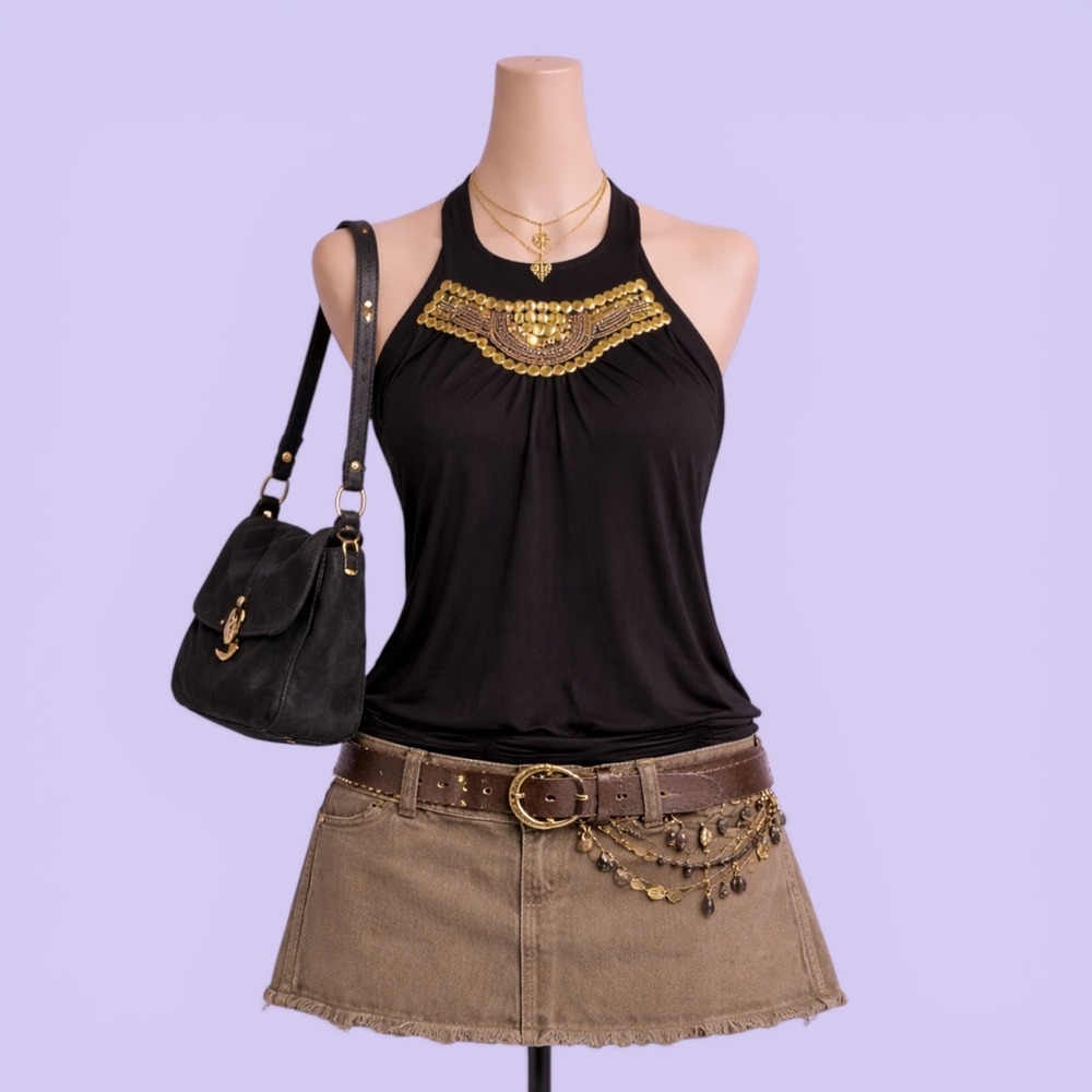 Worthington Vintage Y2K Black Halter Top Gold Beaded Ruched Hem Blouse Medium